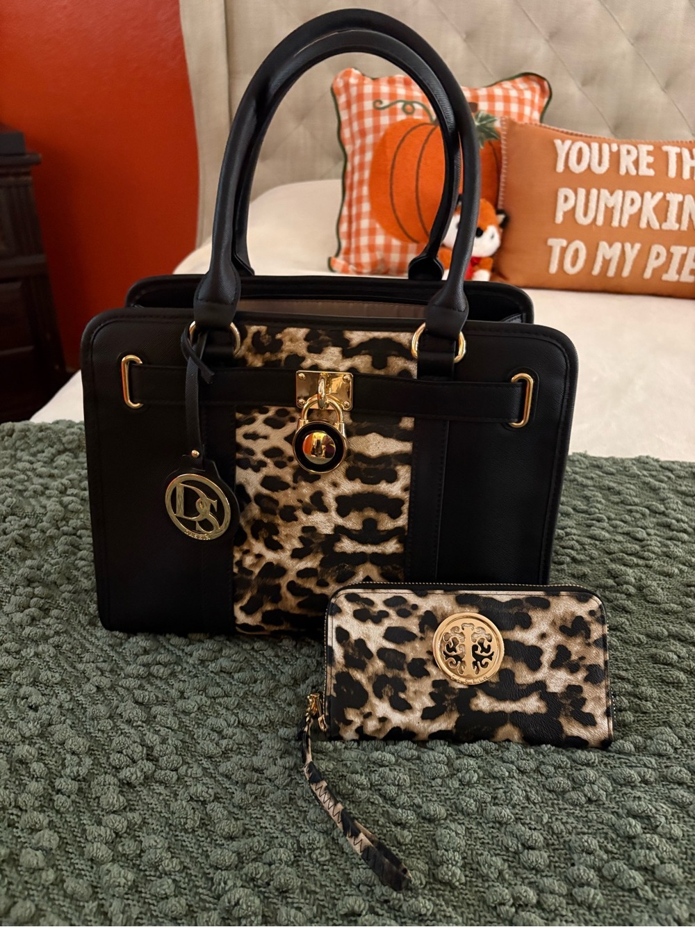 Black Leopard-Print Satchel and Wallet Set with Gold Accents